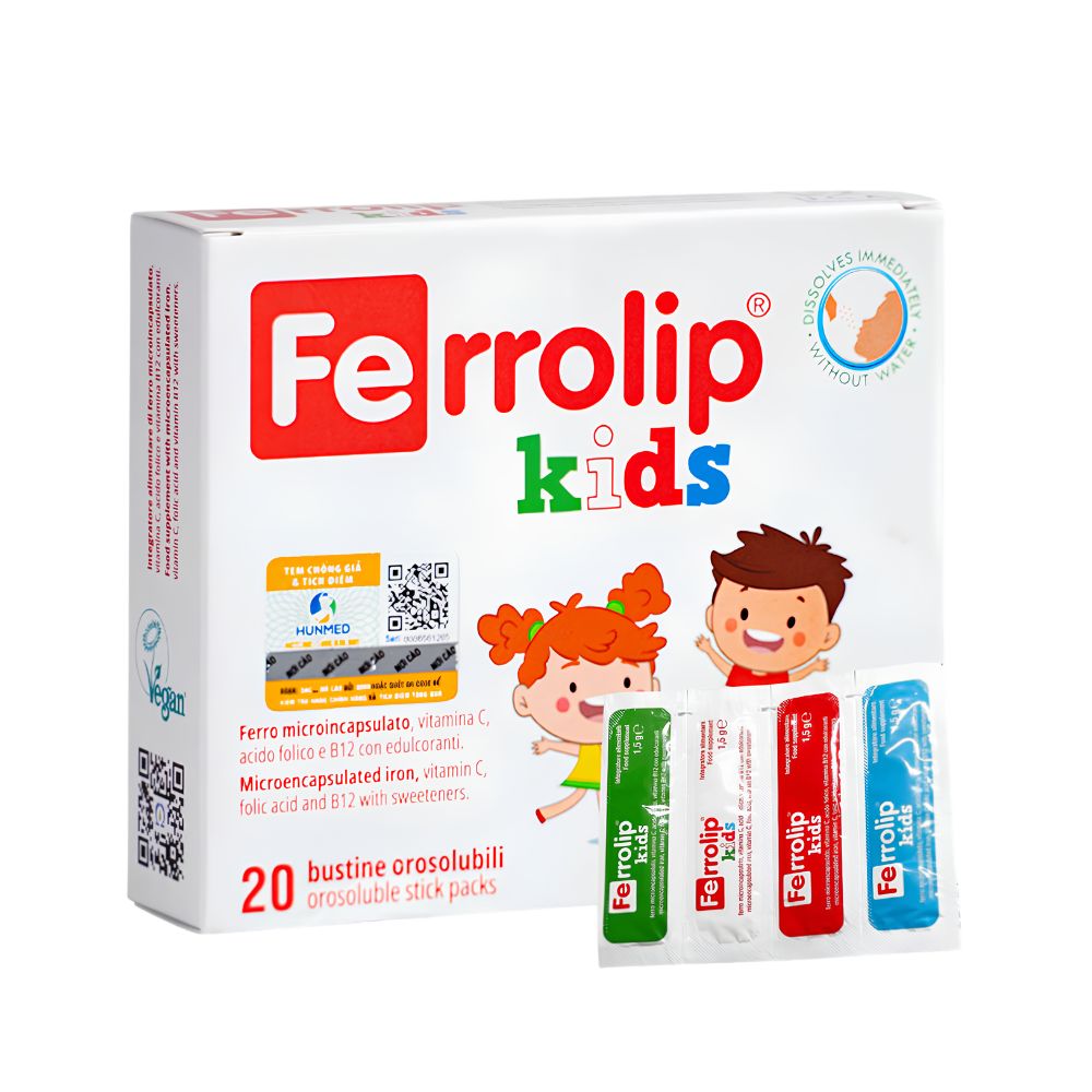 Sắt Ferrolip Kids dạng bột cho bé 1Y+ (Hộp 20 gói)