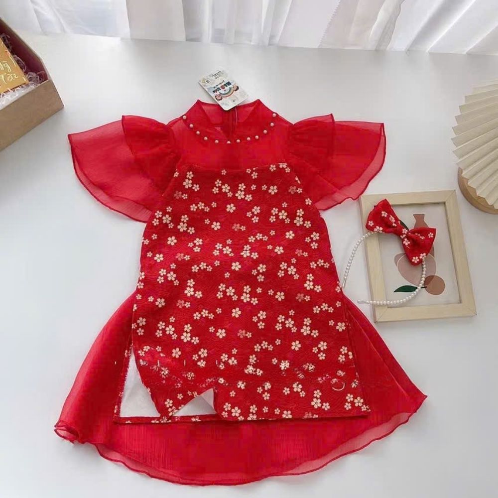 Áo dài cách tân đỏ chất tơ in hoa nhí