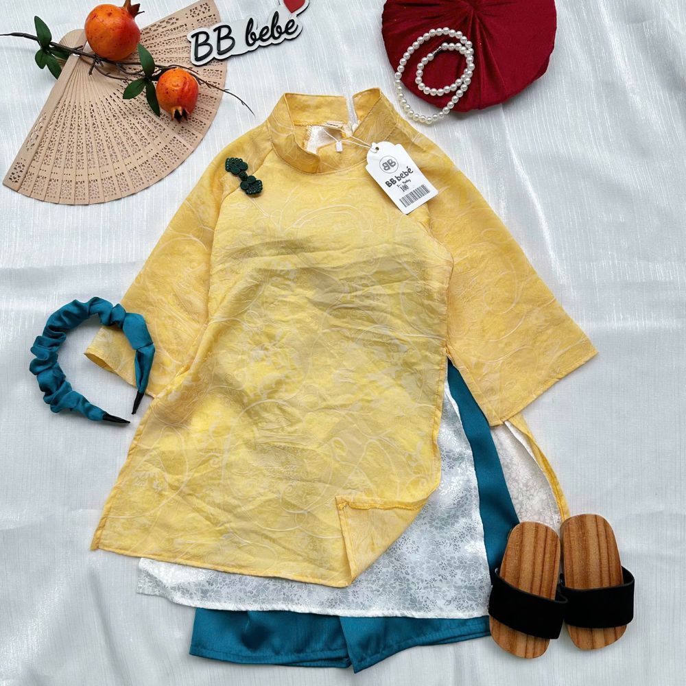 Set áo dài BB Bebé 4 tà kèm cài và dây ngọc cho bé