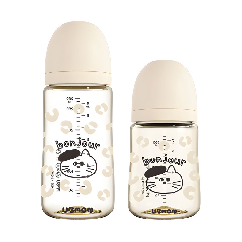 Bình sữa PPSU Ubmom hoạ tiết BONJOUR màu be
