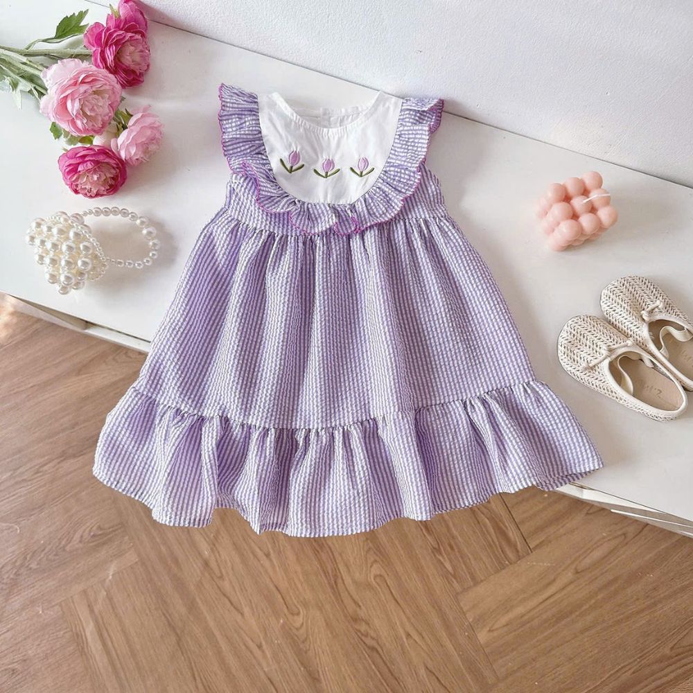 Đầm váy suông kẻ sọc tím bèo nhún thêu hoa Tulip O.P Kids