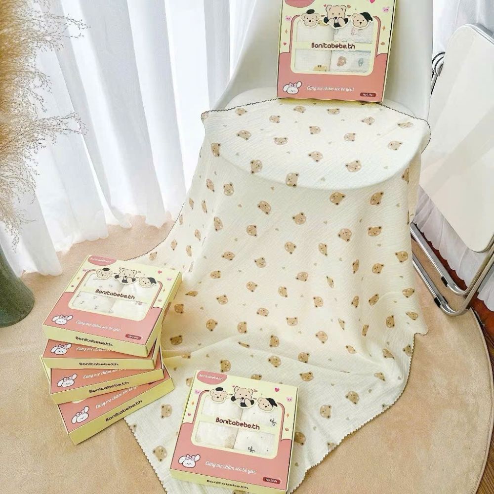 Set hộp 2 khăn tắm muslin sợi tre Bonitabebe.th cho bé