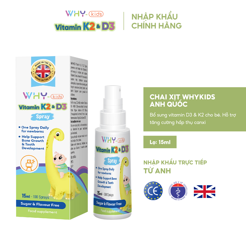 Vitamin K2+D3 dạng xịt Why Kids 15ml 0M+