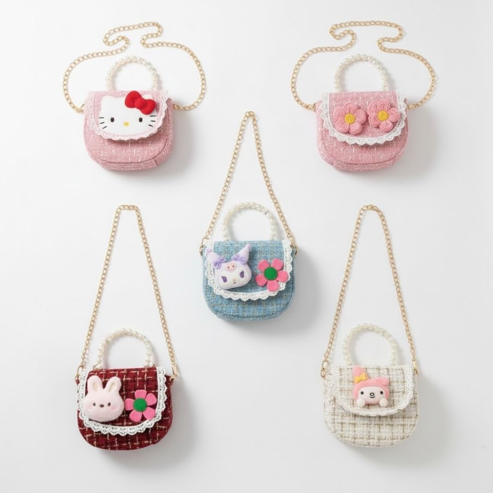 Túi xách dạ Tweed dáng bầu quai ngọc trai cho bé