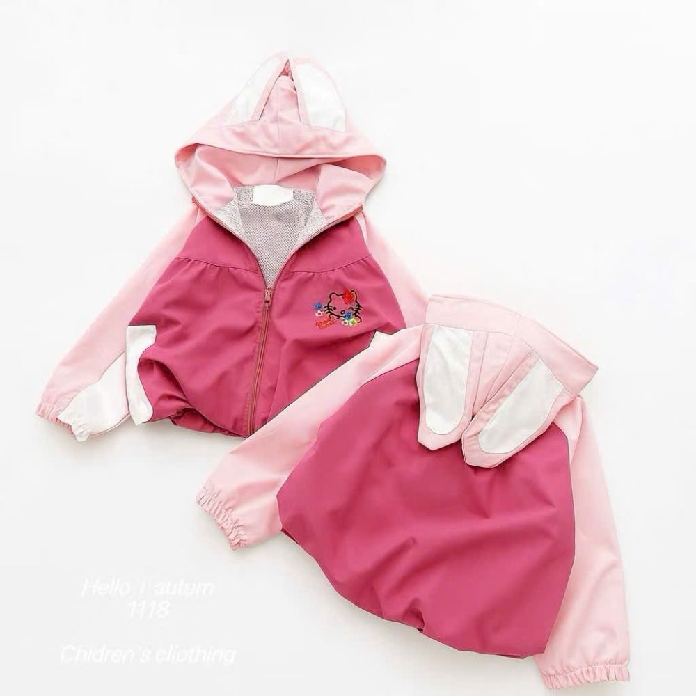Áo khoác gió hồng tai thỏ Hello Kitty cho bé gái