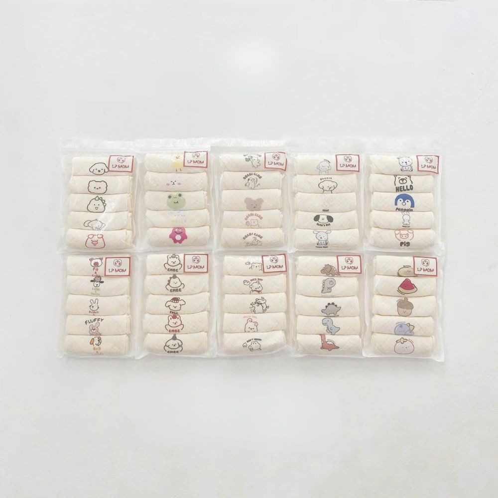 Set 5 khăn sữa muslin organic 3 lớp LP Mom nền trắng in hình cho bé