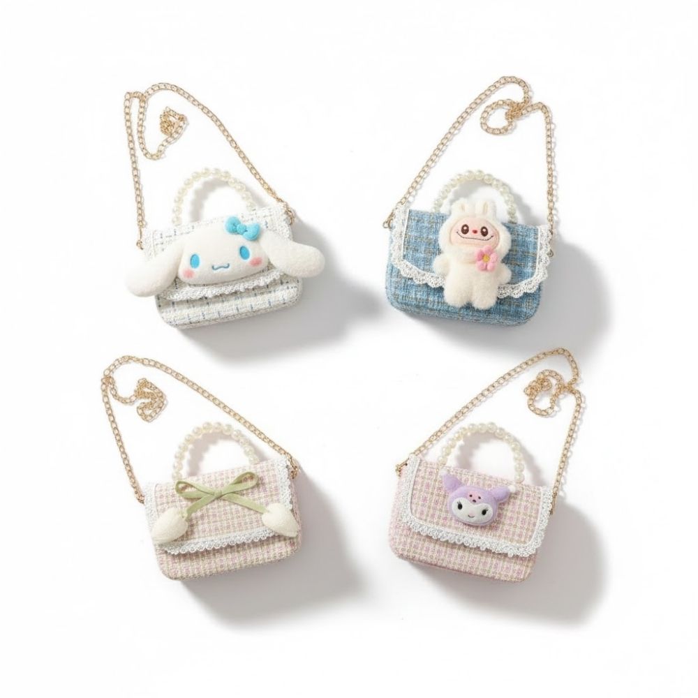 Túi xách dạ tweed dáng chữ nhật quai ngọc trai cho bé