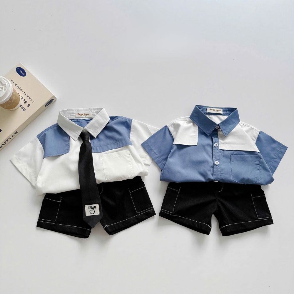Set bộ cộc sơ mi phối màu kèm cà vạt Bear Love cho bé trai
