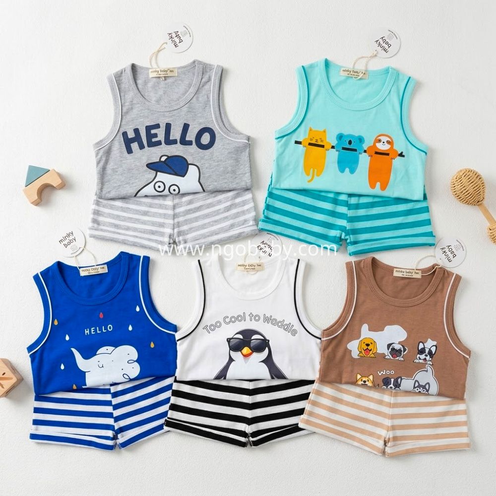 Bộ 3 lỗ thun lạnh Minky Baby phối quần kẽ cho bé