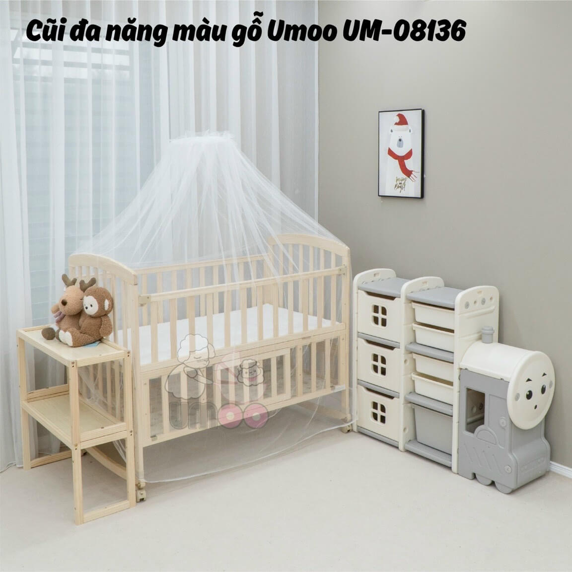 Nôi cũi gỗ đa năng không sơn Umoo UM-08136