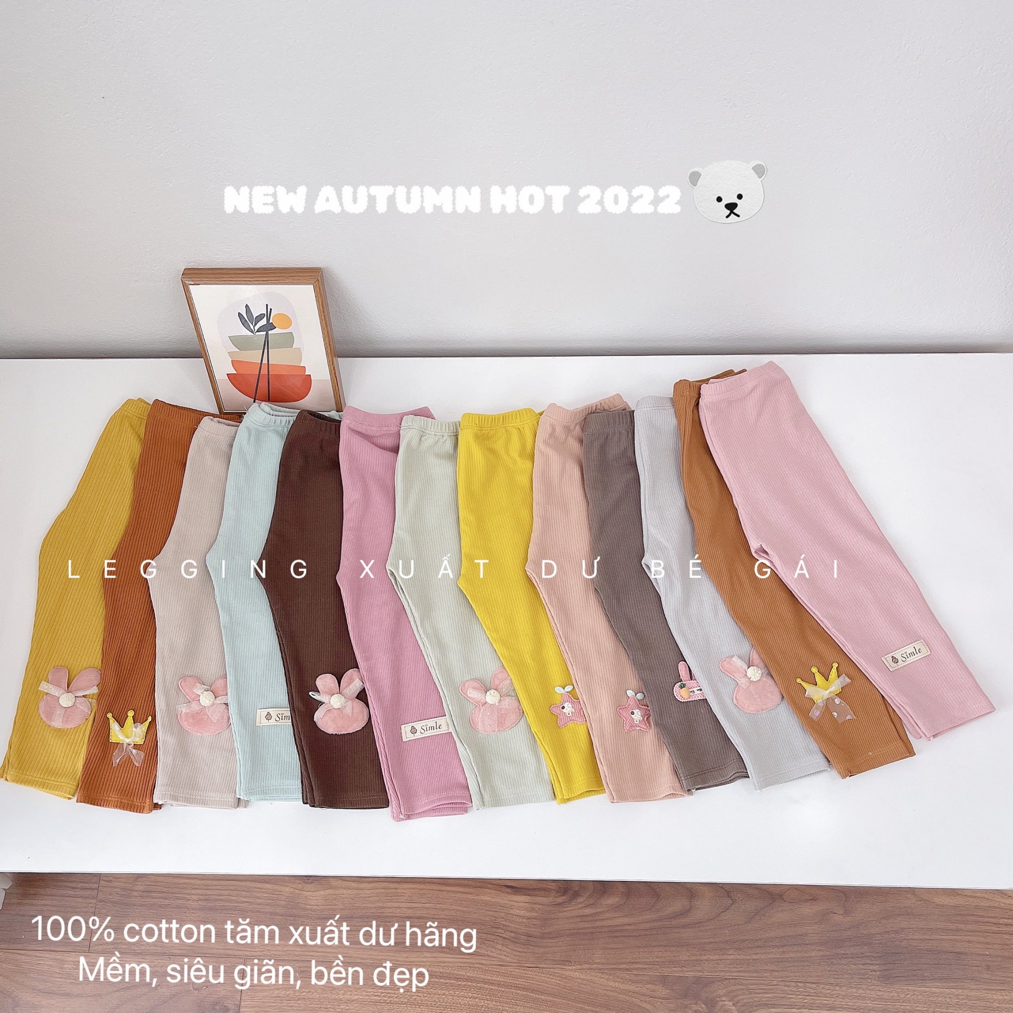 Quần legging tăm nhiều màu đính phụ kiện bé gái