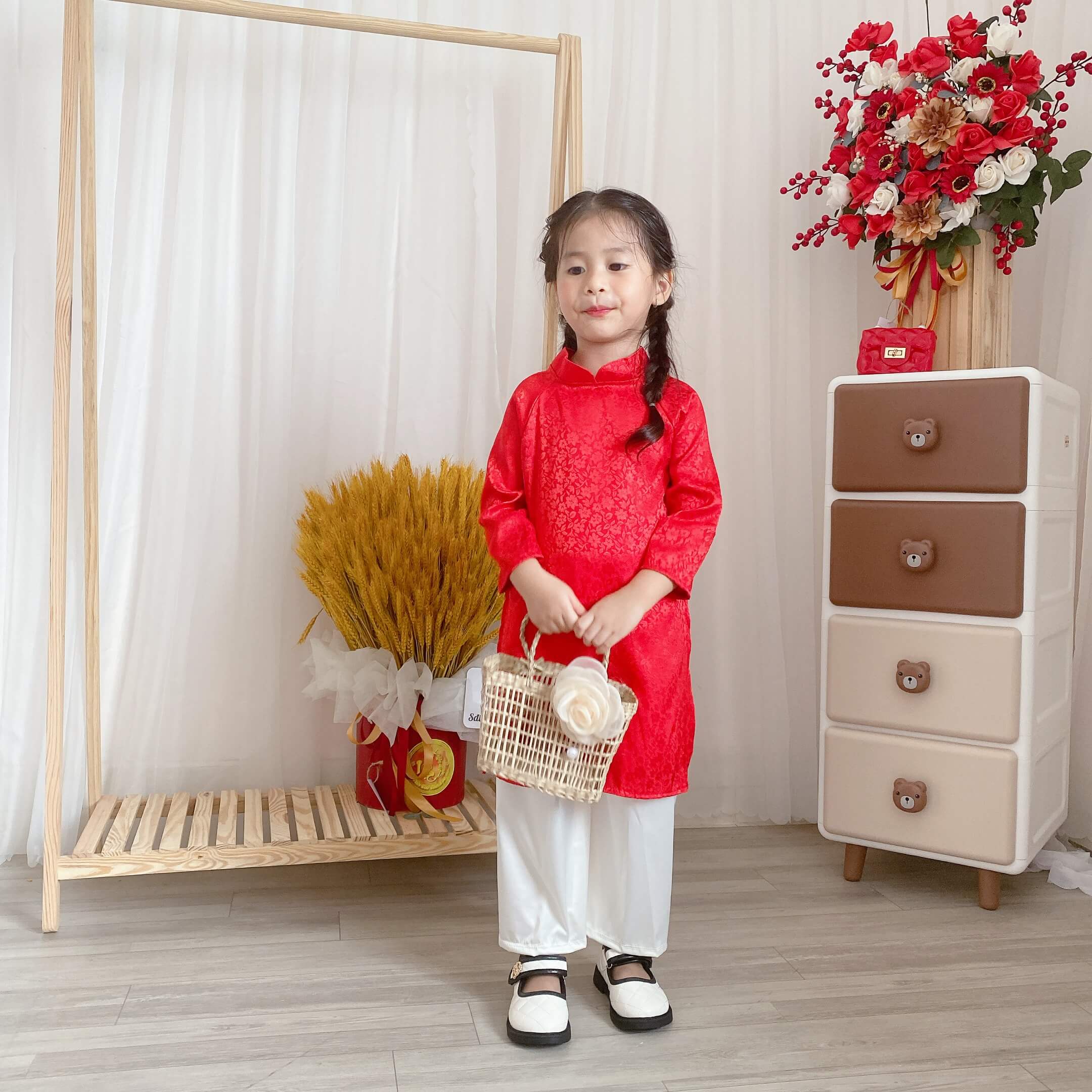Set áo dài lụa vân chìm bé gái
