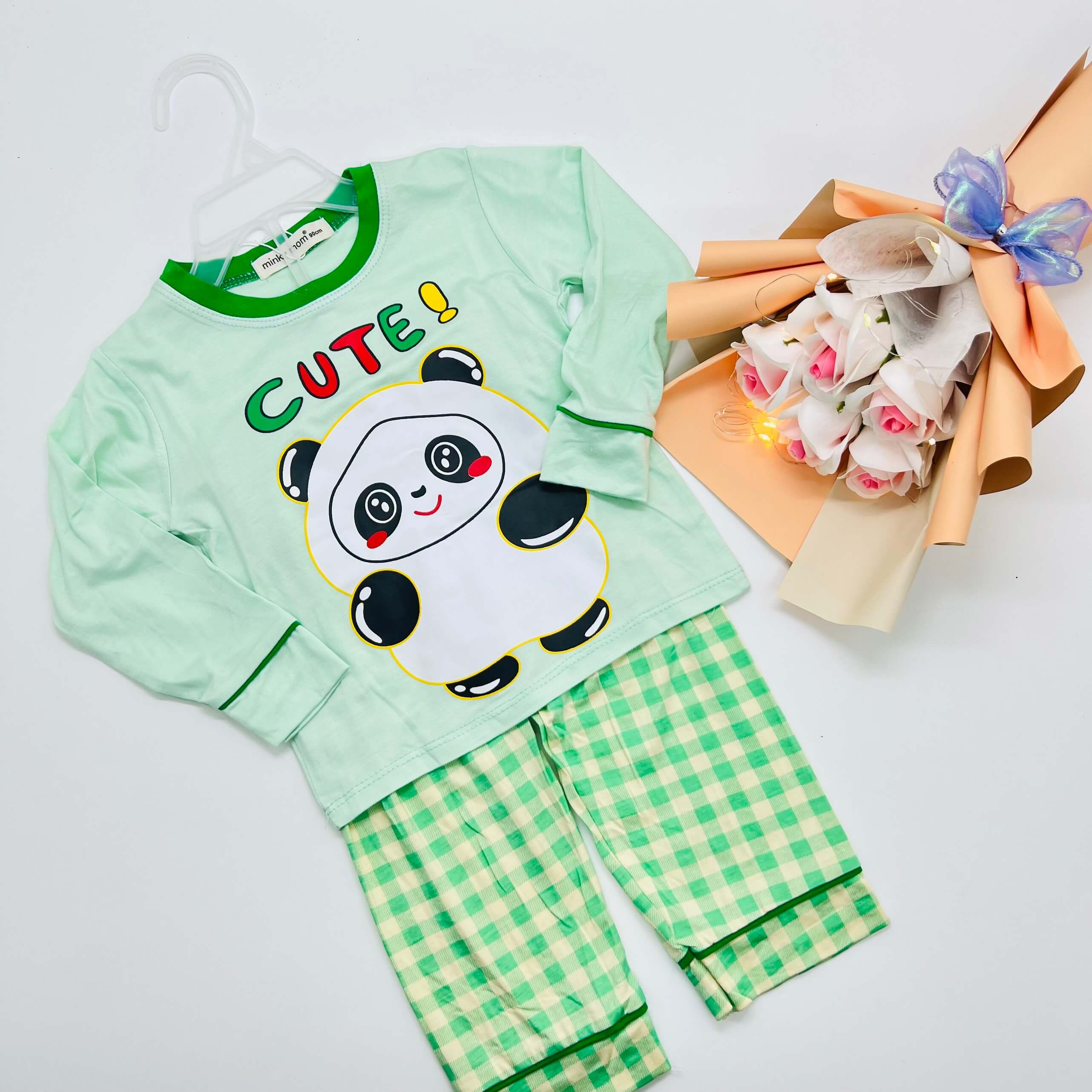 Bộ dài Minky Mom áo in hình quần caro