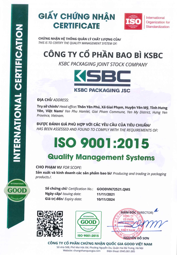 KSBC được cấp chứng nhận ISO 9001:2015 về hệ thống quản lý chất lượng