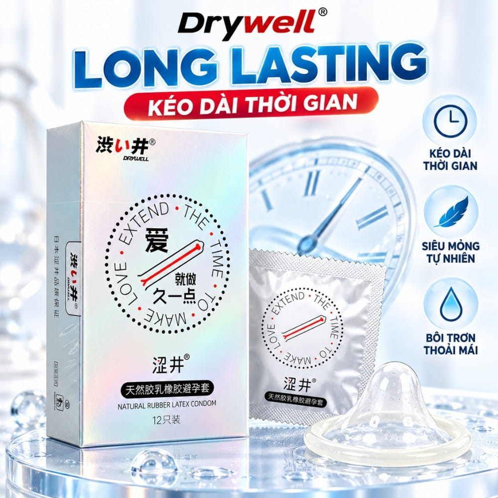 Ưu điểm siêu mỏng và 6mg tinh thể kéo dài thời gian của bao cao su DryWell Long Lasting