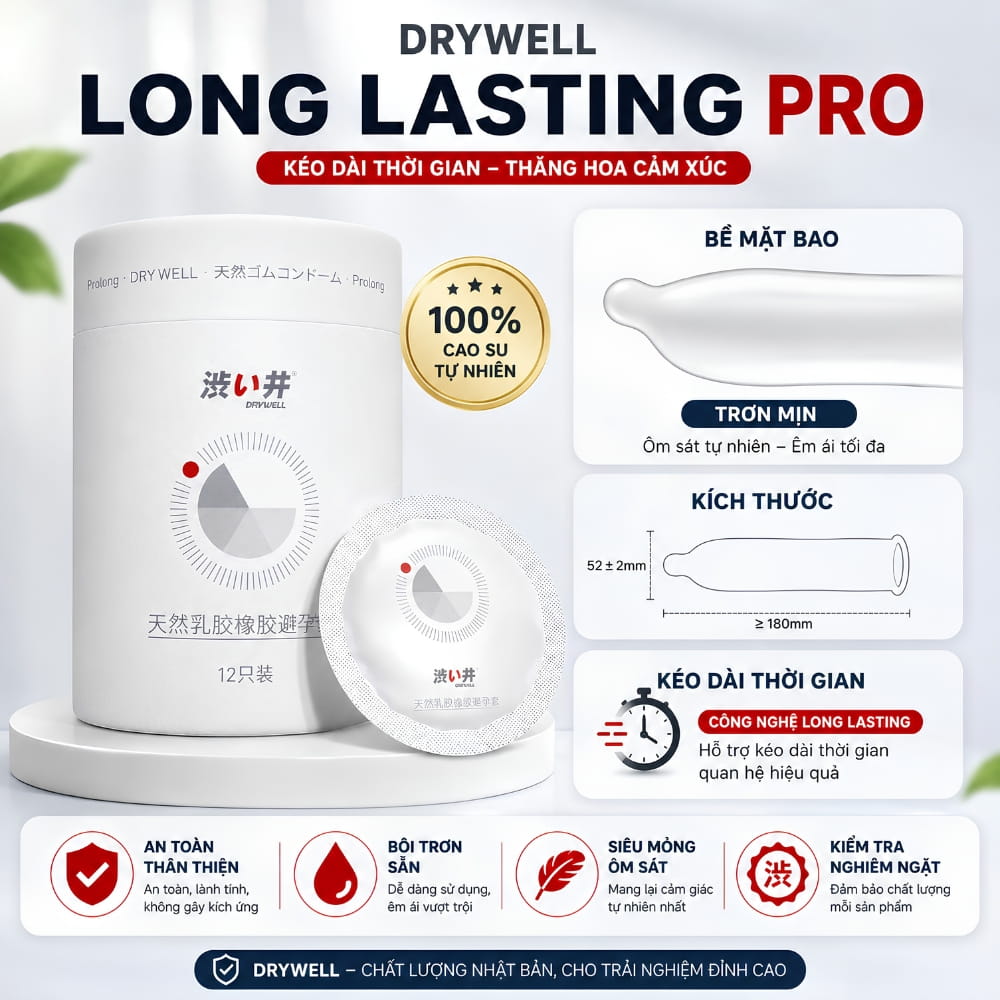 Thông số kích thước size 52mm và độ mỏng của bao cao su DryWell Long Lasting Pro