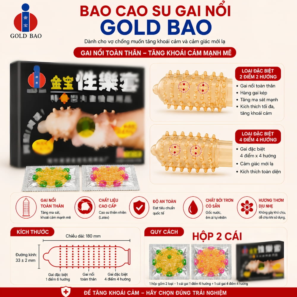 Thông số kích thước size 52mm và thiết kế bi silicon của bao cao su Gold Bi