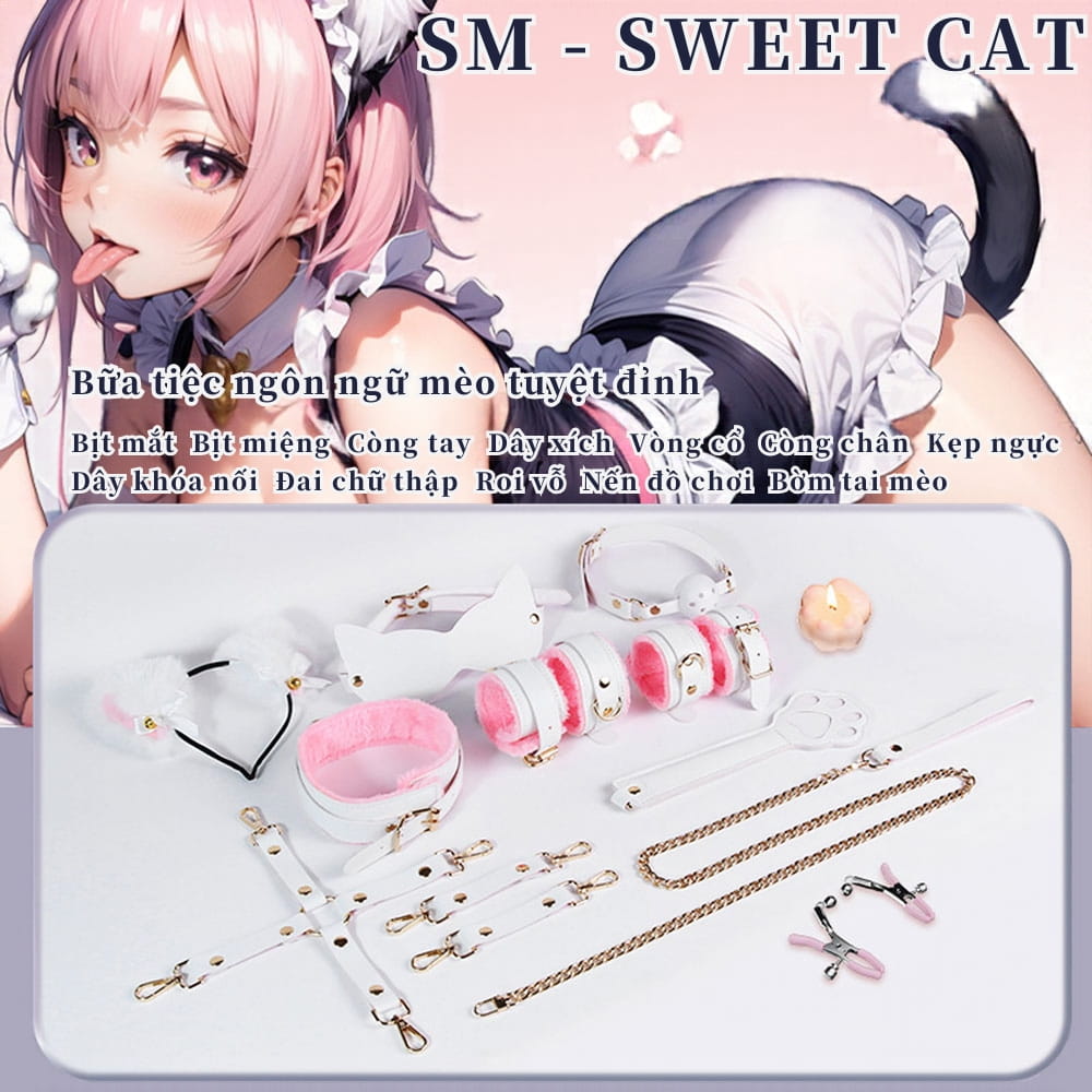 Trọn bộ dụng cụ bạo dâm Jiuai Sweet Cat 12 món tông hồng trắng lót lông êm ái
