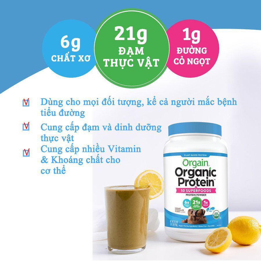 Đạm thực vật và Superfoods hữu cơ vị socola Orgain 918gr