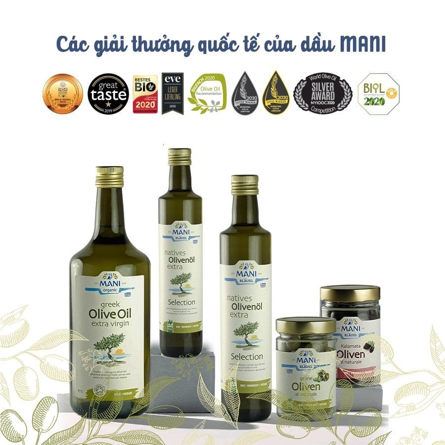 Dầu Olive Extra Virgin hữu cơ ép lạnh Mani 500ml/ 250ml