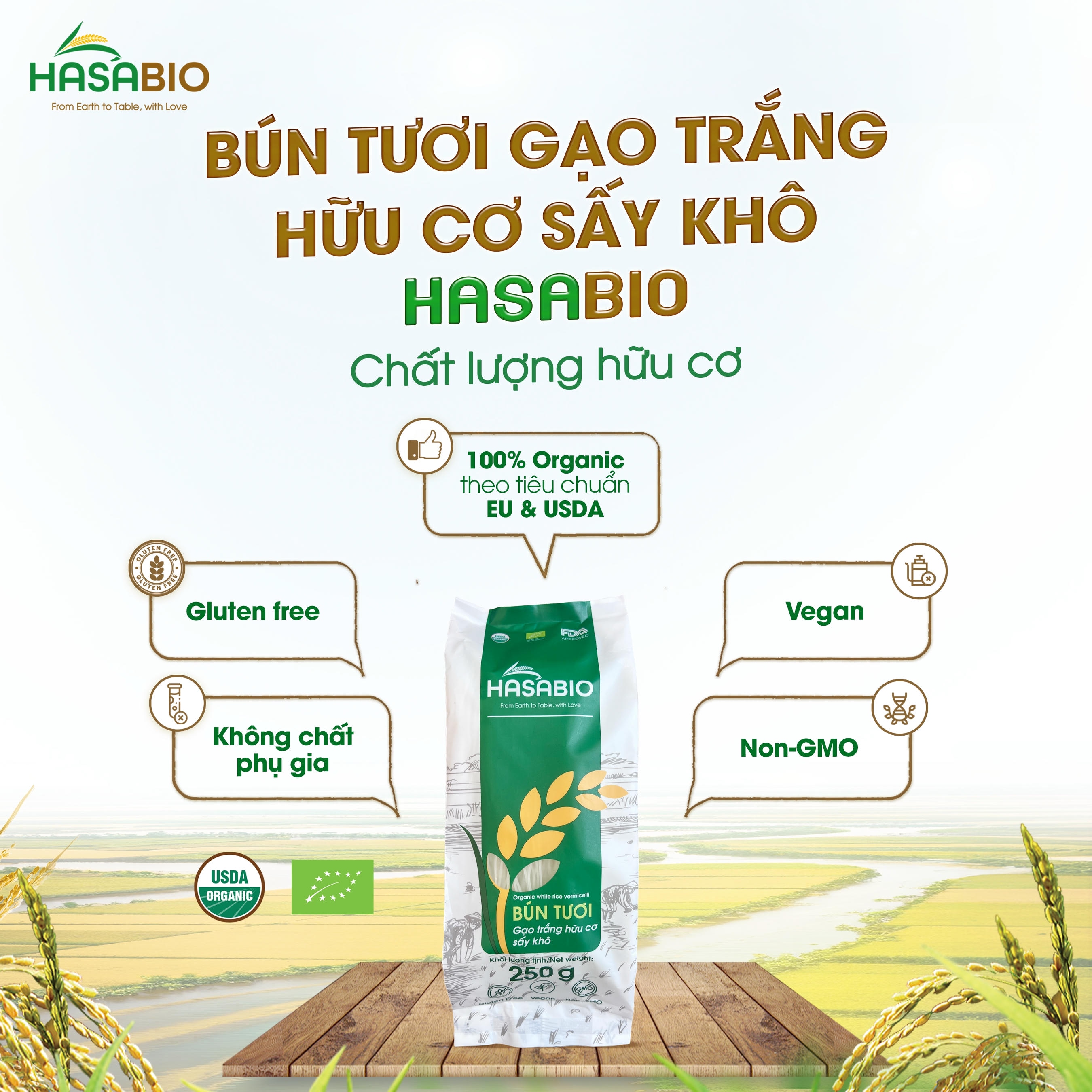 Bún tươi gạo trắng hữu cơ sấy khô HASABIO 250g