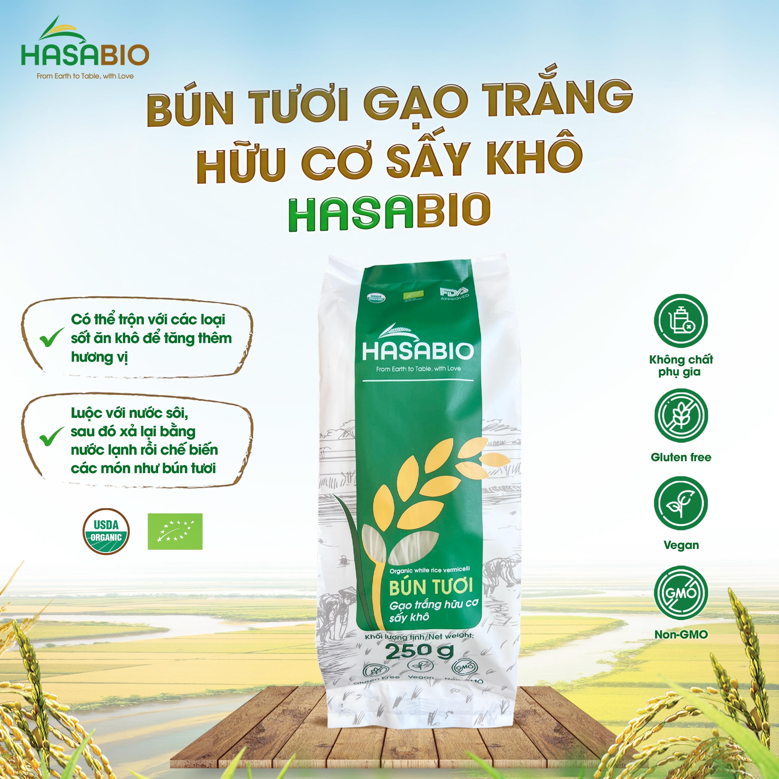 Bún tươi gạo trắng hữu cơ sấy khô HASABIO 250g