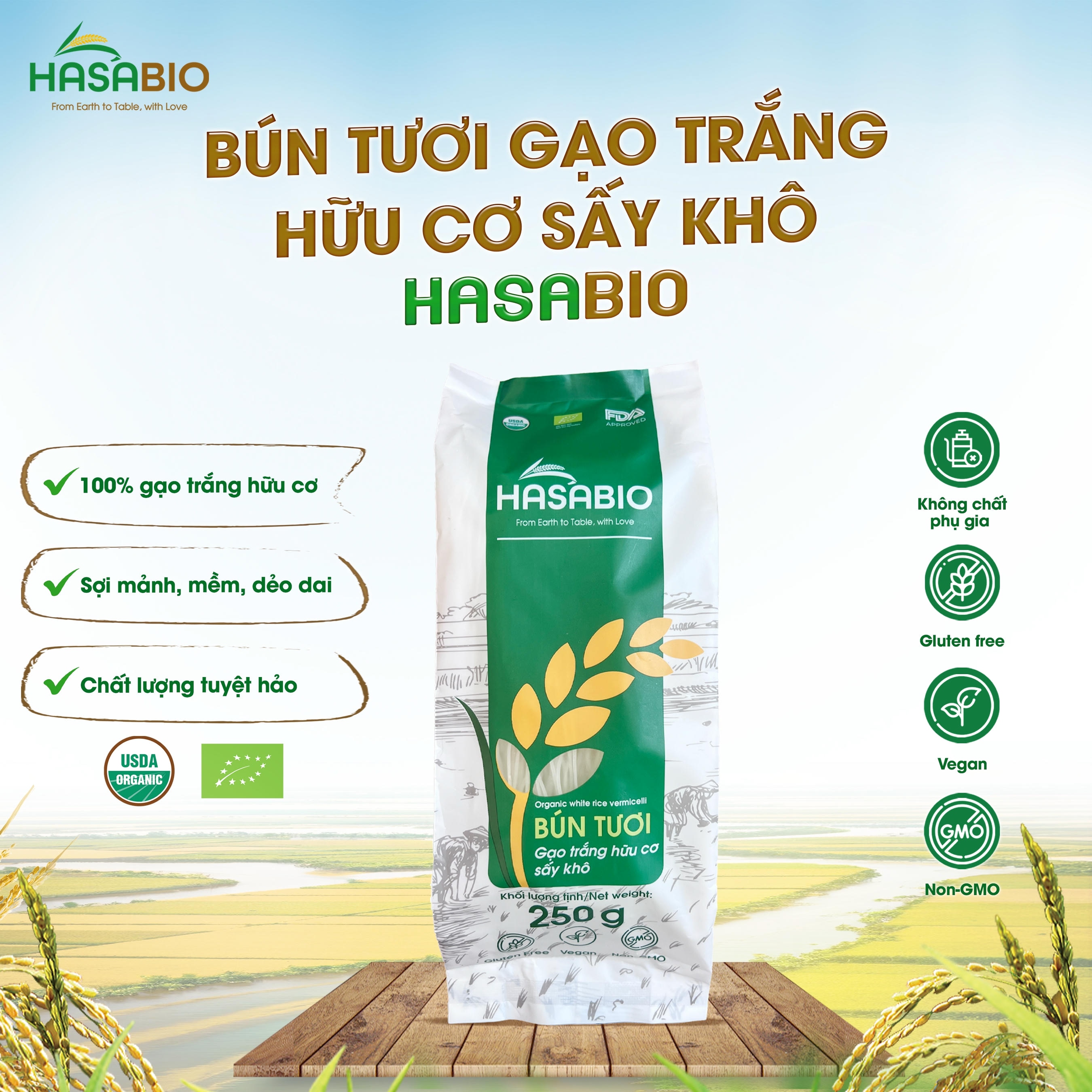 Bún tươi gạo trắng hữu cơ sấy khô HASABIO 250g