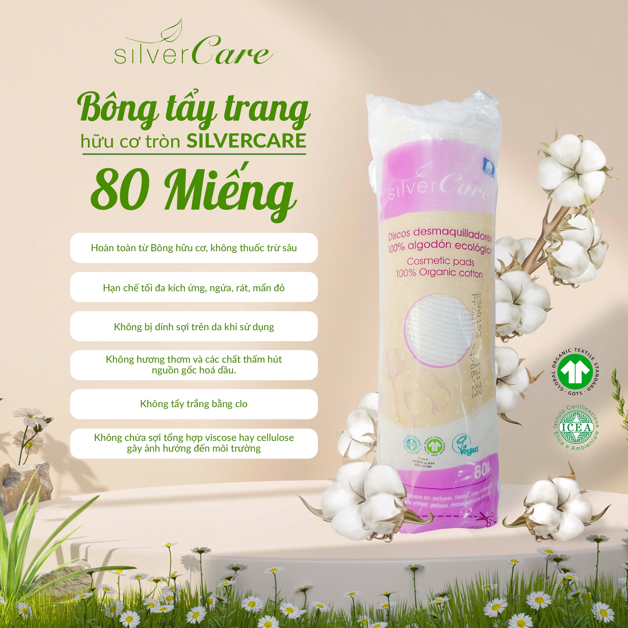 Bông tẩy trang hữu cơ tròn Silvercare 80 miếng - Sản xuất tại: Tây Ban Nha