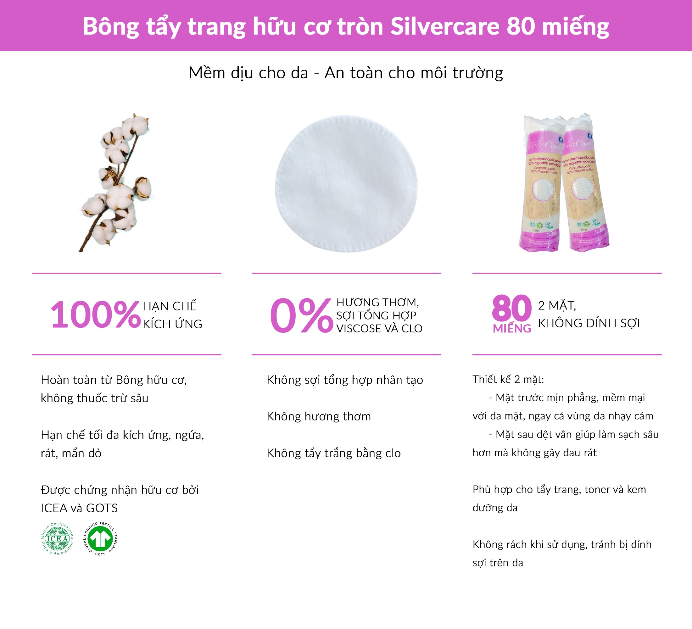 Bông tẩy trang hữu cơ tròn Silvercare 80 miếng - Sản xuất tại: Tây Ban Nha
