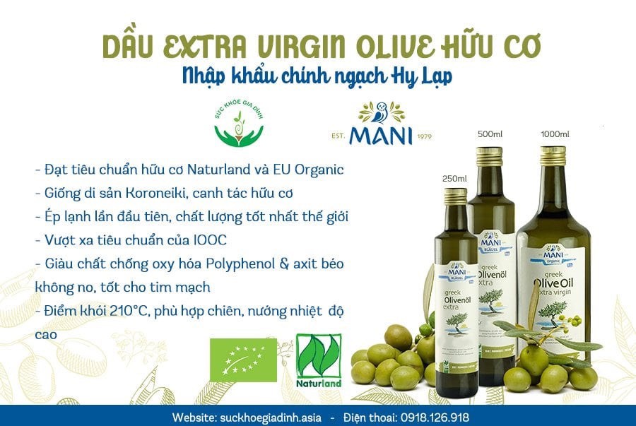 Dầu Olive Extra Virgin hữu cơ ép lạnh Mani 500ml/ 250ml