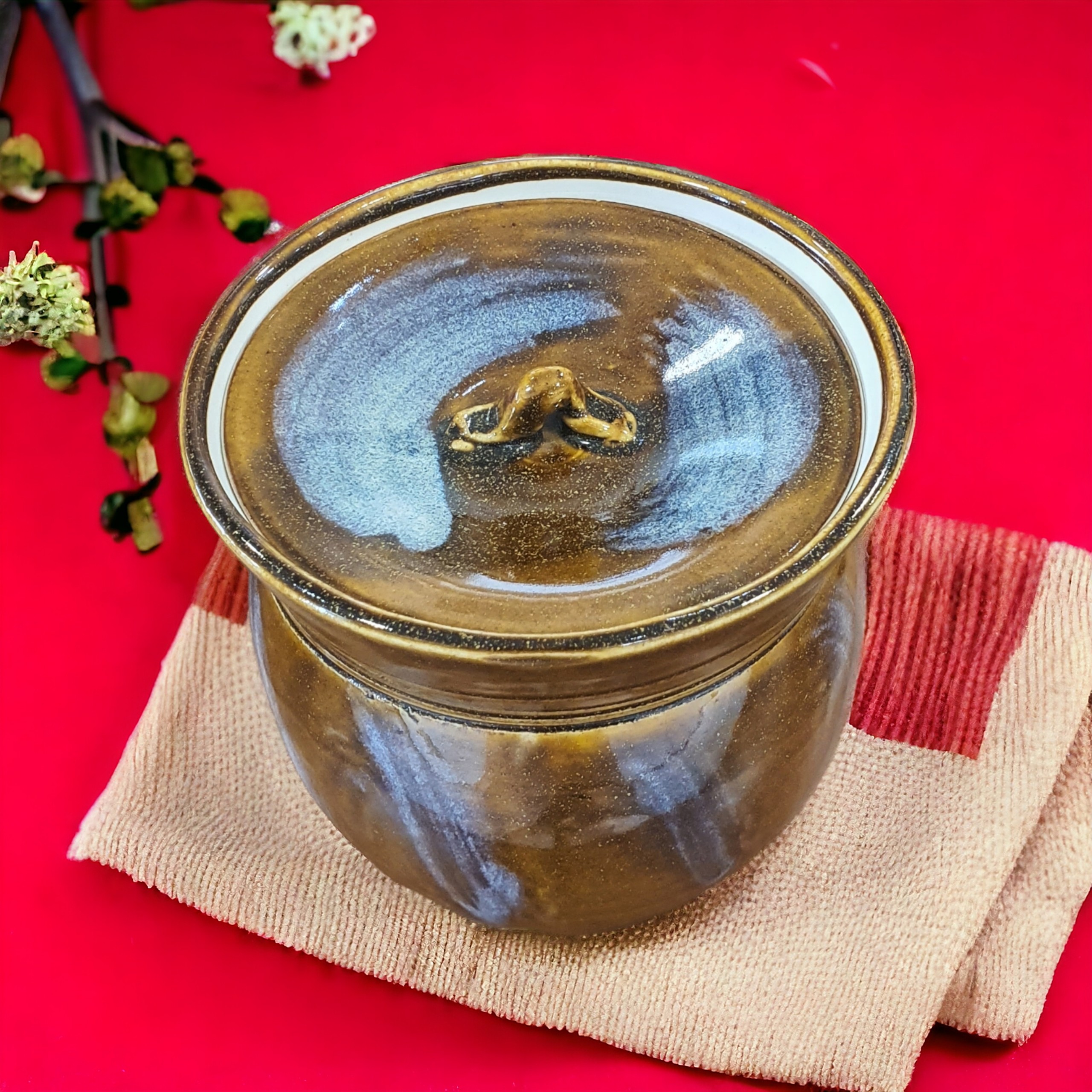 Hũ nước trà đạo Nhật men Tenmoku vàng tím & Men Oribe xanh (hũ đựng gạo hoặc ngũ cốc)