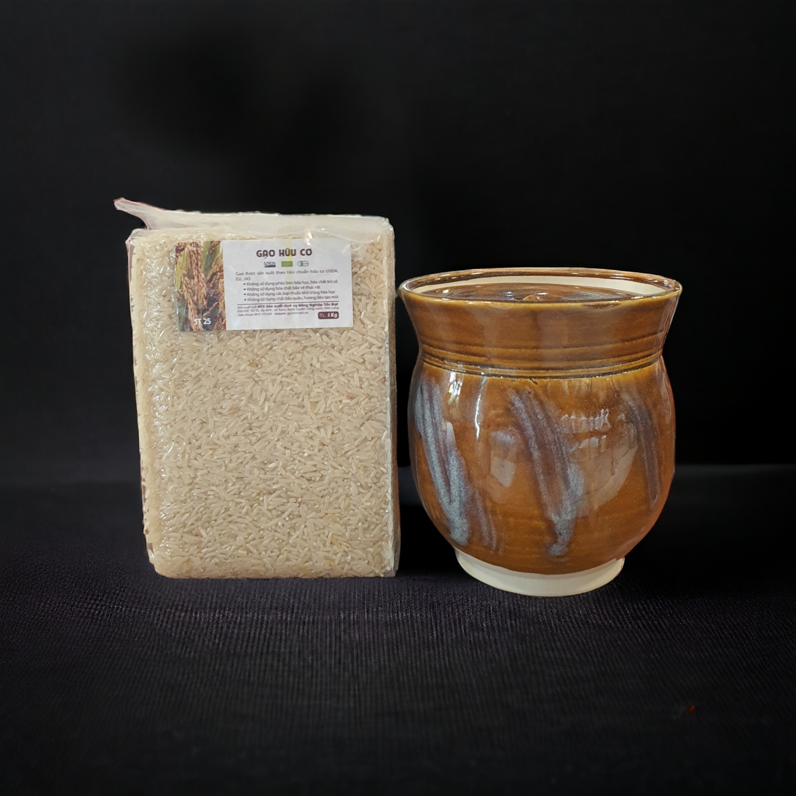 Hũ nước trà đạo Nhật men Tenmoku vàng tím & Men Oribe xanh (hũ đựng gạo hoặc ngũ cốc)