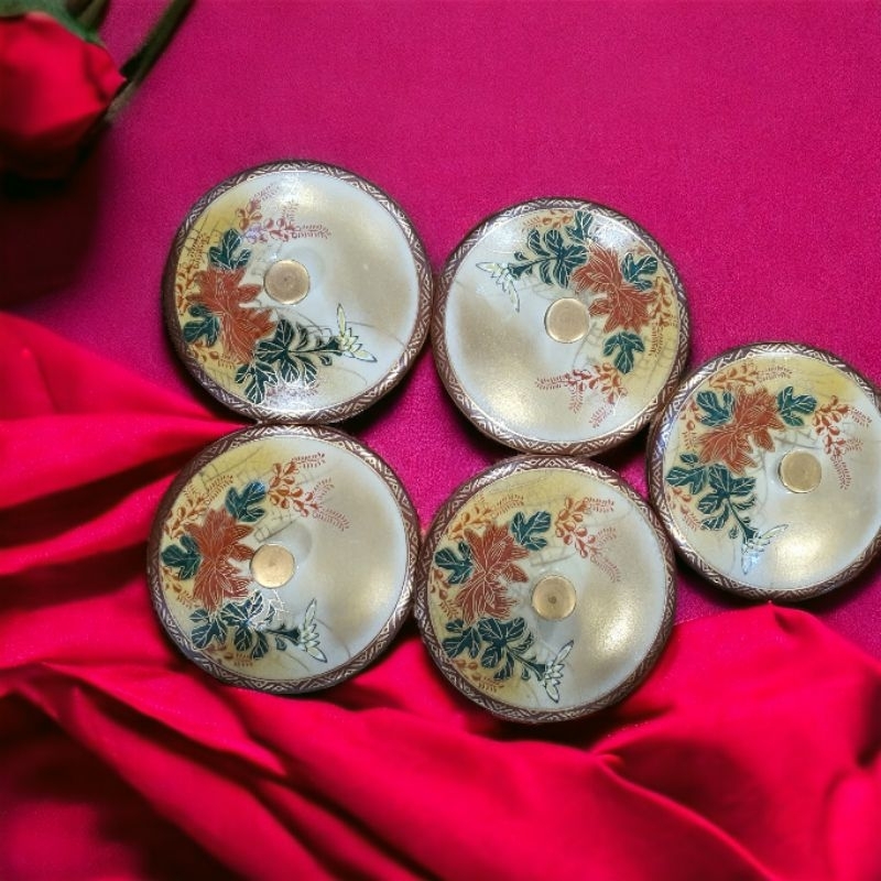 Ly/ chum uống trà hoa vẽ gốm Kutani, men rạng - bộ 5 ly