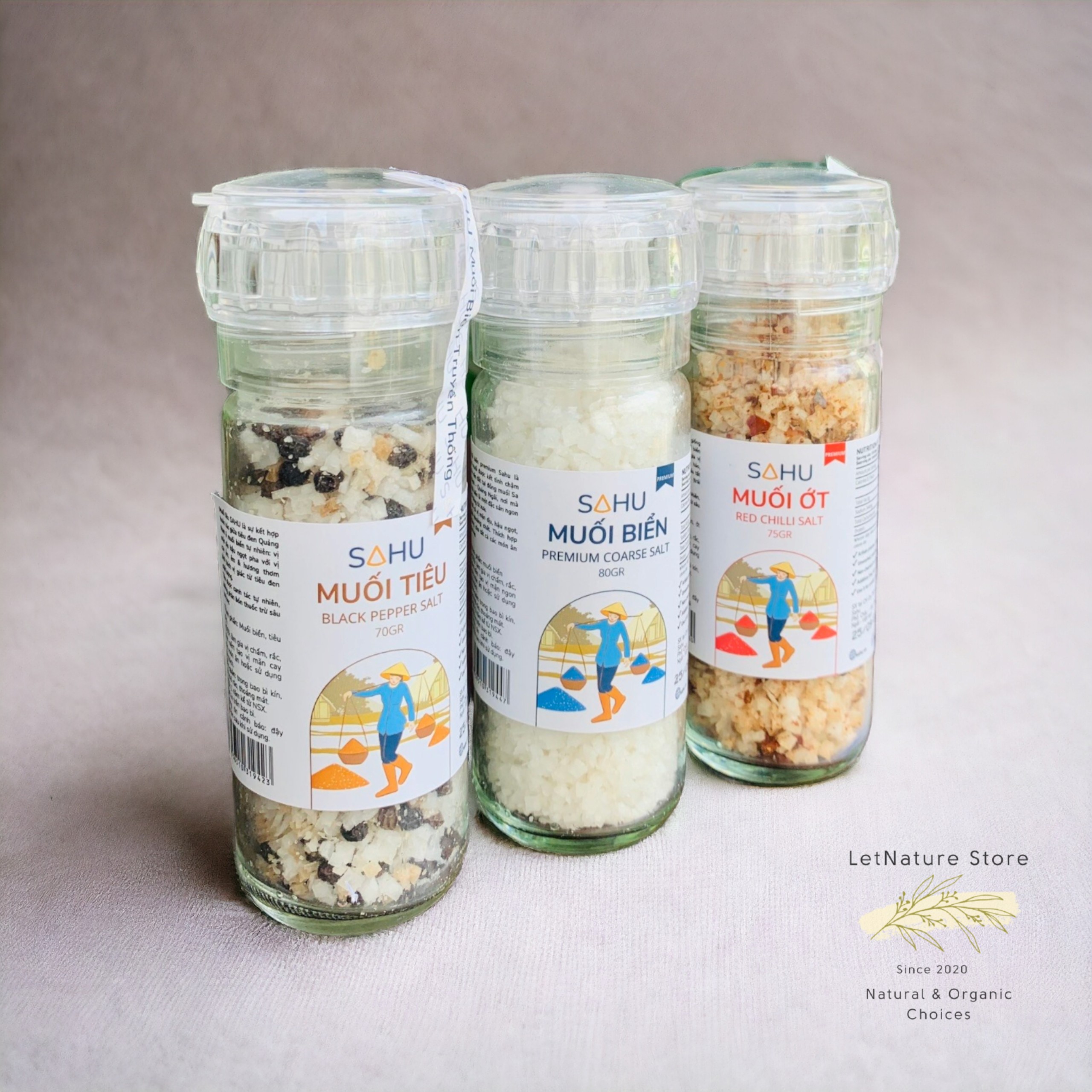 Muối biển Sahu premium - loại nhỏ (muối tiêu, muối ớt, muối ruốc, hoa muối, muối tre)