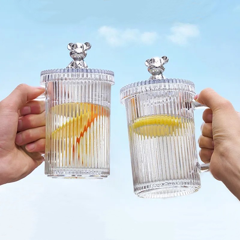 Ly Uống Nước Thủy Tinh Nắp Gấu Kèm Ống Hút Sang Trọng A2841