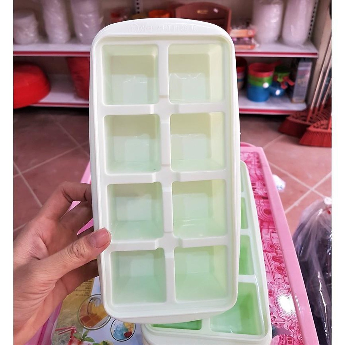 Khay Đá 8 Viên Vuông có nắp Việt Nhật nhựa dẻo, vỉ đá 8 ô, khay trữ đồ ăn dặm cho bé, khuôn làm thạch bền đẹp (6932) A5342