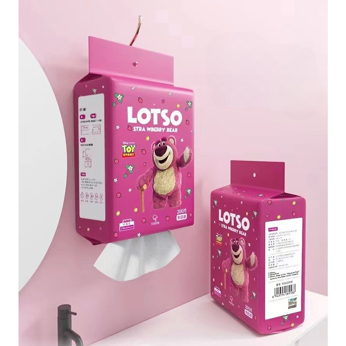 Khăn Mặt Khô Gấu Dâu Lotso Dạng Rút Dùng 1 Lần 200 Tờ Treo Tường K022