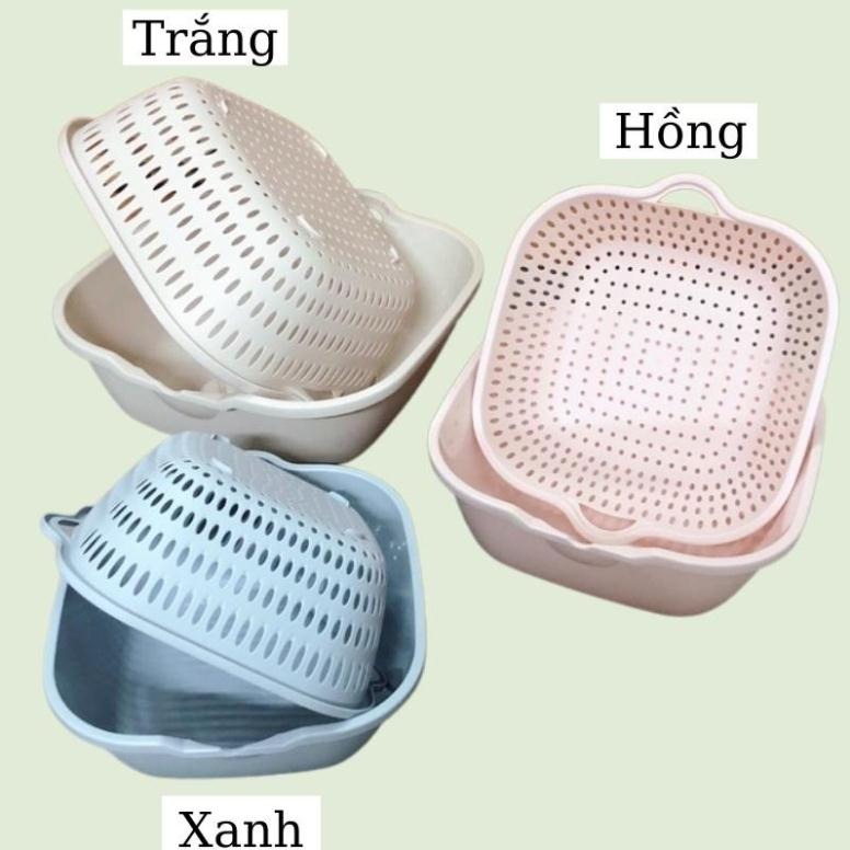Bộ Rổ Kèm Chậu 2 Lớp Nhựa Vuông Việt Nhật Rửa Rau Củ Trái Cây (3288-3289-3290) A2711