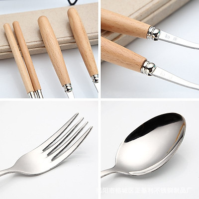 Bộ Đũa Nuỗng Nĩa Inox Cán Gỗ Kèm Hộp Đựng Lúa Mạch A1913
