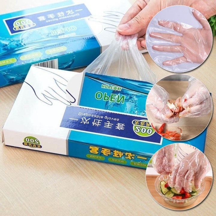 Hộp 200 chiếc găng tay nhà bếp dùng một lần dày, có thể co lại, màng nhựa PVC dùng trong thực phẩm A2623