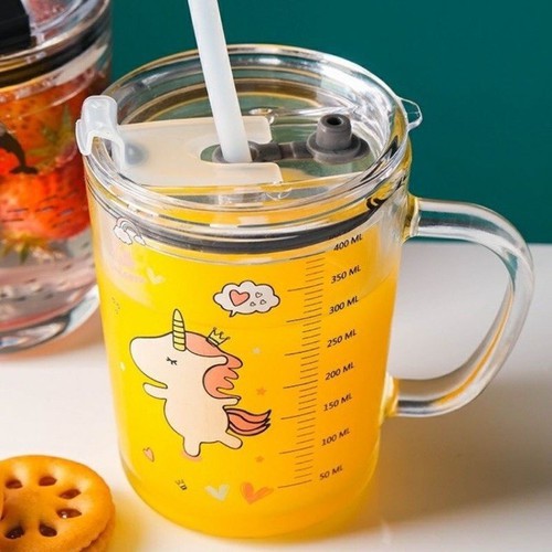 Cốc Pha Sữa Cho Bé Chia Vạch Thủy Tinh Chịu Nhiệt Kèm Ống Hút A4521