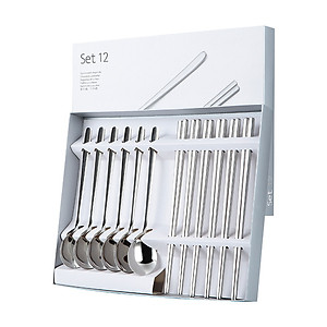 Hộp 12 thìa đũa chất liệu inox 304 không gỉ cao cấp, bộ 12 muỗng đũa Hàn Quốc inox A2461