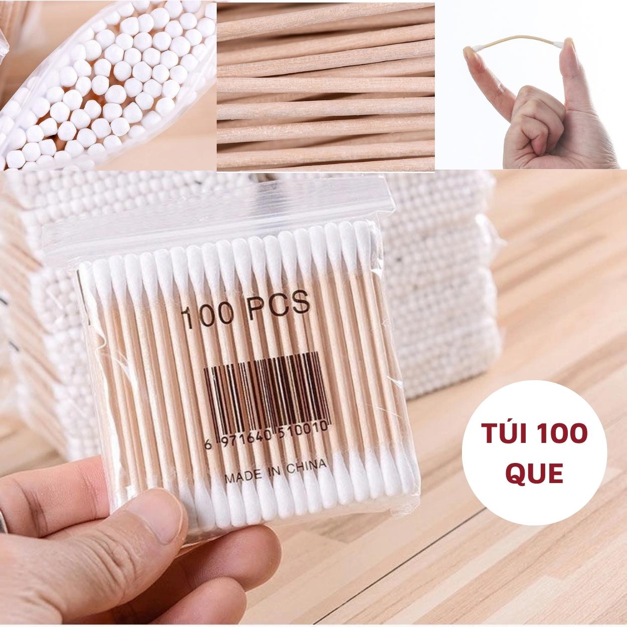Gói 100 Que Tăm Bông Ngoáy Tai Thân Gỗ - Bông Ráy Tai Cán Gỗ A5722