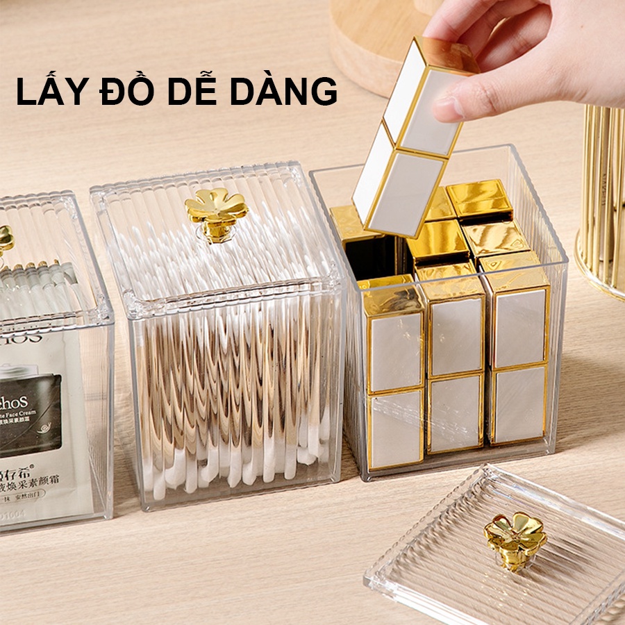 Hộp Trong Suốt Đựng Bông Tẩy Trang,  Bông Ngoáy Tay, Đựng Son Môi, Đồ Trang Điểm Cao Cấp Có Nắp A3241