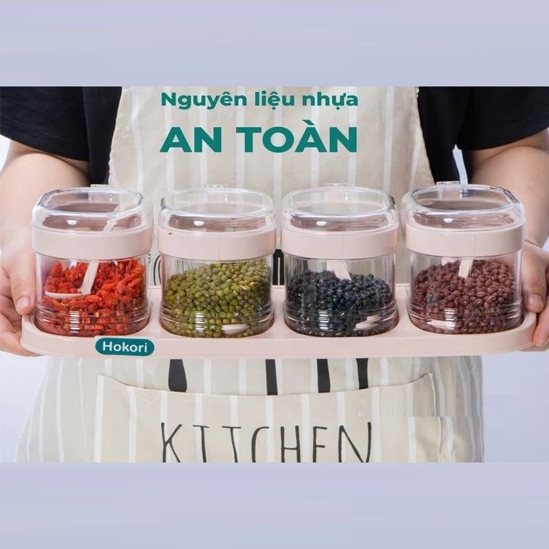 Bộ 4 Lọ Đựng Gia Vị Hokori Cao Cấp Size Lớn, Hũ Đựng Gia Vị Có Thìa Nhựa Trong Suốt Loại Xịn A4561