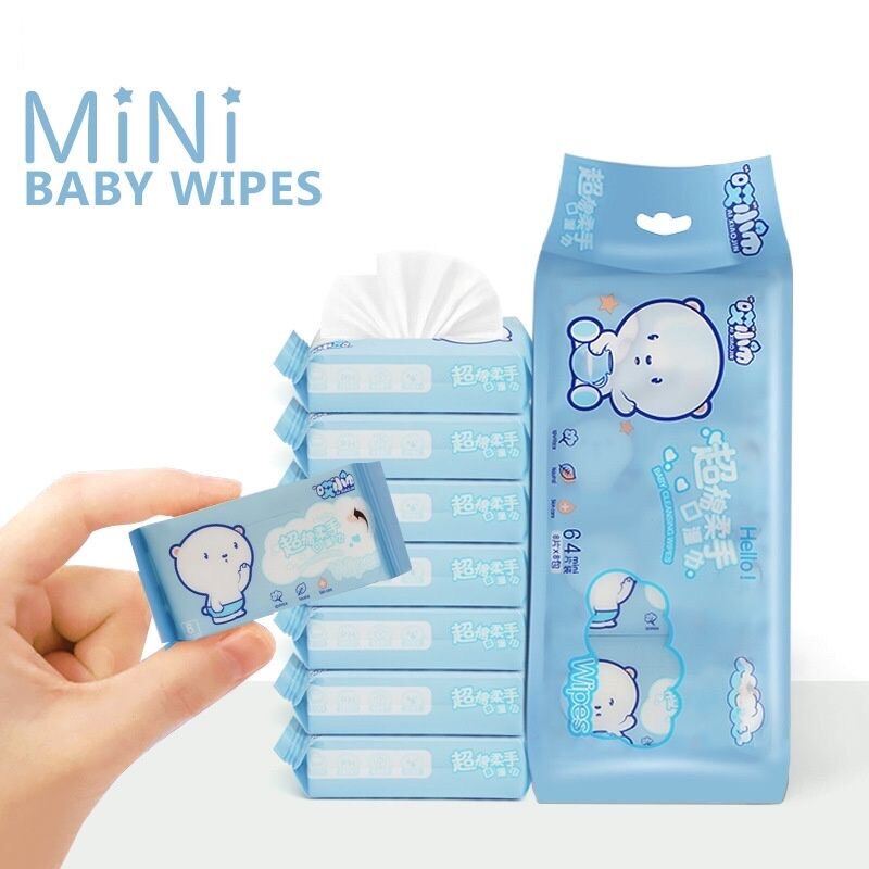 Bịch 8 Gói Khăn Giấy Ướt Mini Hoạt Hình Cao Cấp Bỏ Túi Tiện Lợi (64 khăn) A2724