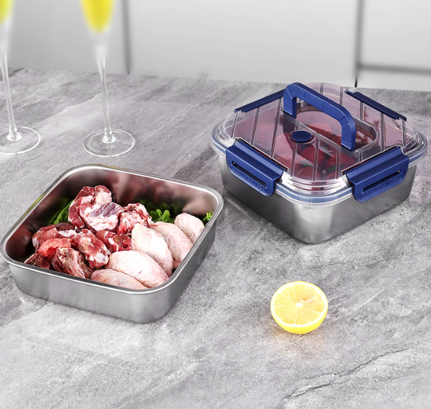 Hộp Đựng Thực Phẩm inox Vuông 2500ml Có Quai Xách, Khay inox Bảo Quản Thực Phẩm Tủ Lạnh A2753