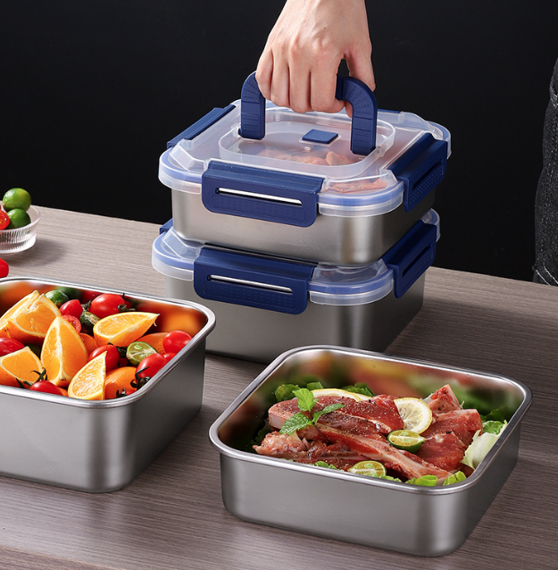 Hộp Đựng Thực Phẩm inox Vuông 2500ml Có Quai Xách, Khay inox Bảo Quản Thực Phẩm Tủ Lạnh A2753
