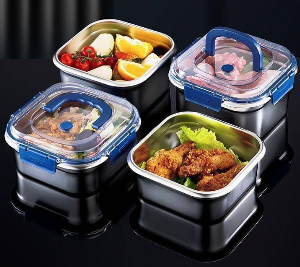 Hộp Đựng Thực Phẩm inox Vuông 2500ml Có Quai Xách, Khay inox Bảo Quản Thực Phẩm Tủ Lạnh A2753