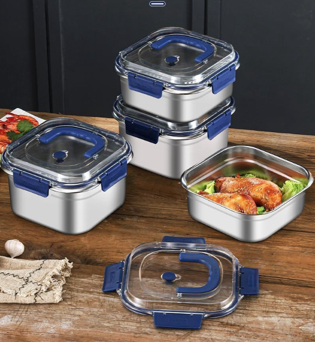 Hộp Đựng Thực Phẩm inox Vuông 2500ml Có Quai Xách, Khay inox Bảo Quản Thực Phẩm Tủ Lạnh A2753